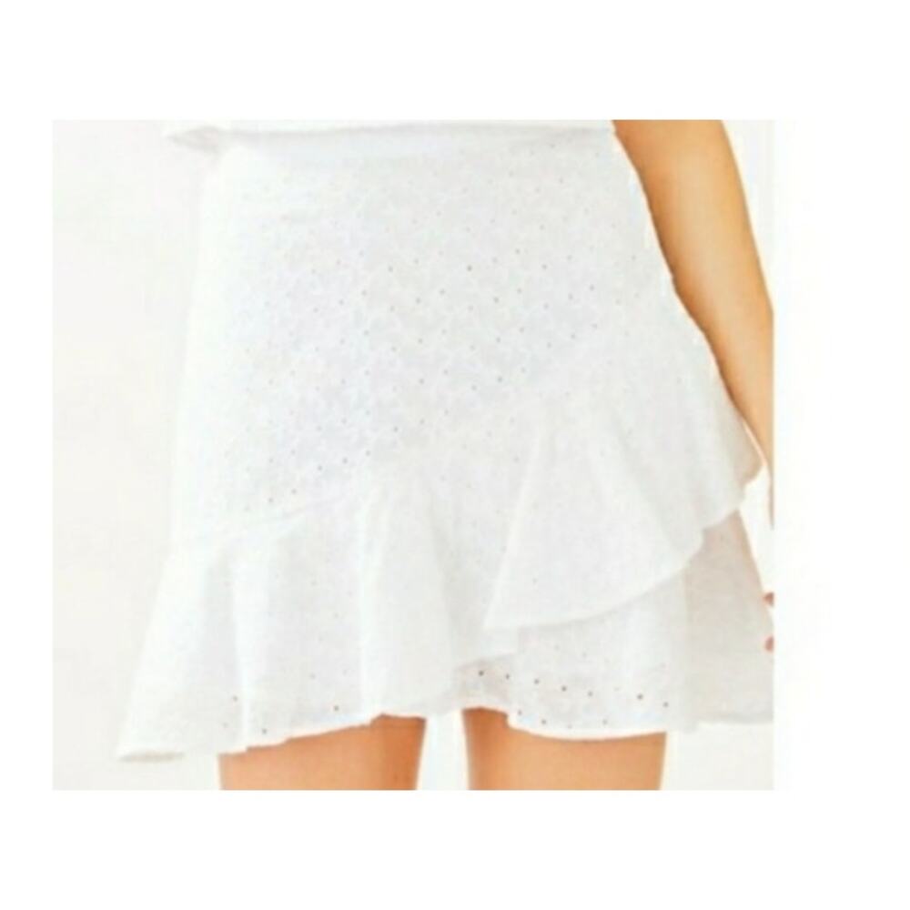 Lilly Pulitzer Sz 14 ALPINNIA White Eyelet Asymmetrical Ruffled Mini Skirt